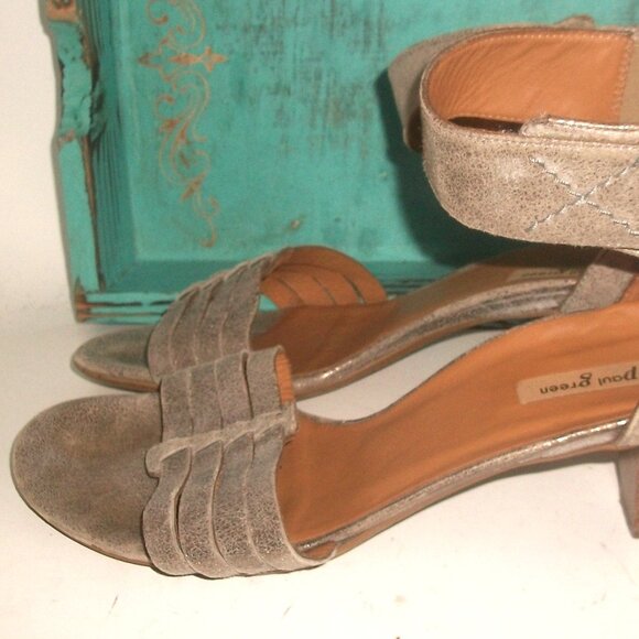 Paul Green Gold-Flecked Taupe Leather Low Heel Ankle Strap Sandals 9.5M - Picture 6 of 9